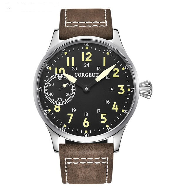 Corgeut 44mm Men's Retro Hand Mechanical Watch Silver Bezel and Yellow Dials