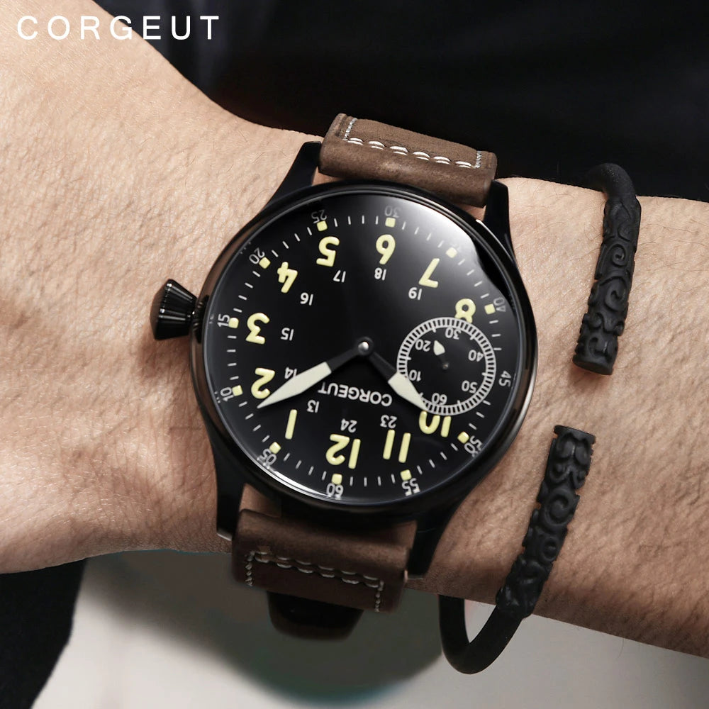 Corgeut 44mm Men's Retro Hand Mechanical Watch Silver Bezel and Yellow Dials