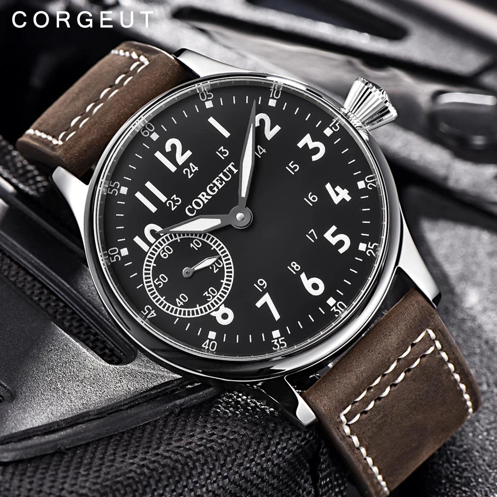 Corgeut 44mm Men's Retro Hand Mechanical Watch Silver Bezel and Yellow Dials