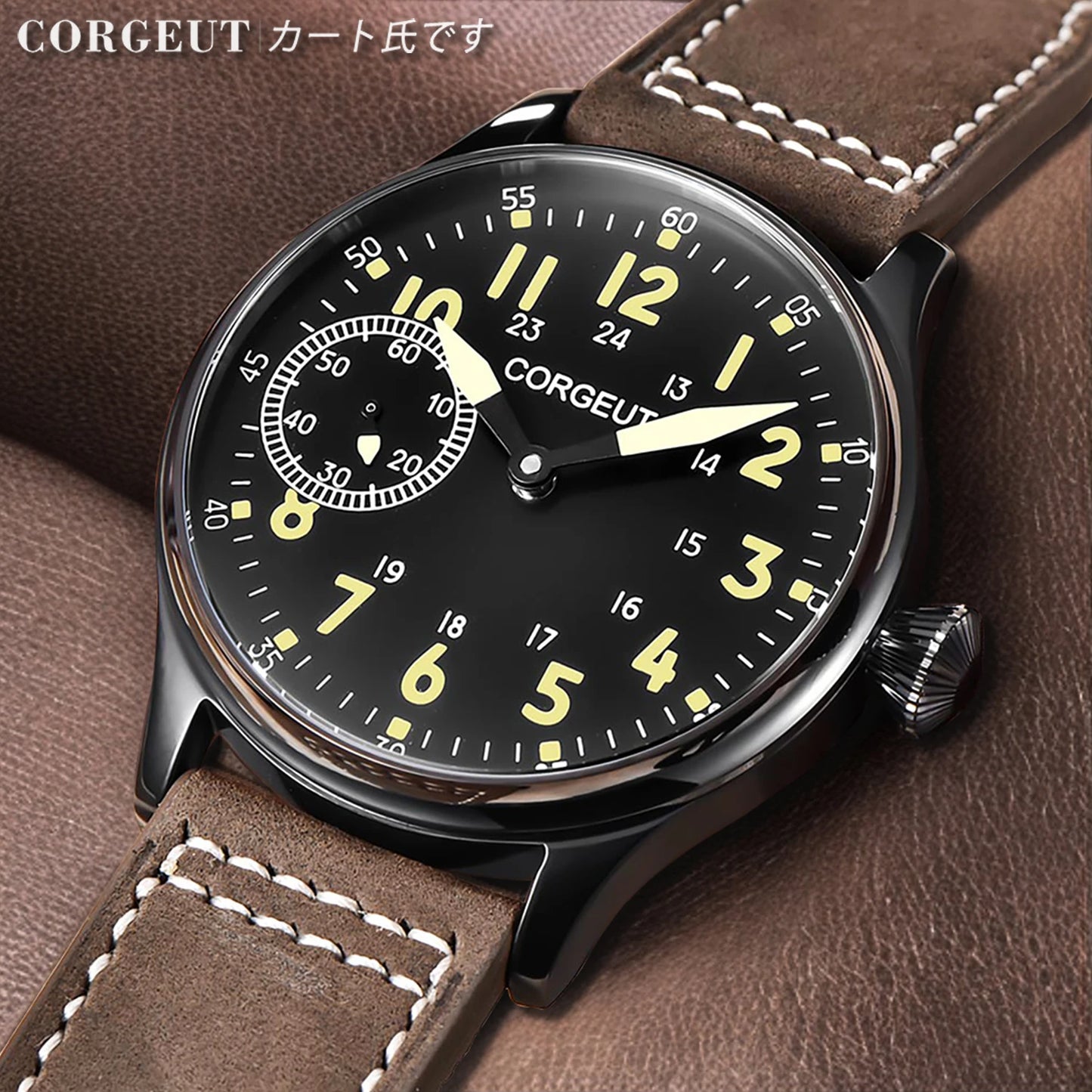 Corgeut 44mm Men's Retro Hand Mechanical Watch Black with Gold Dials