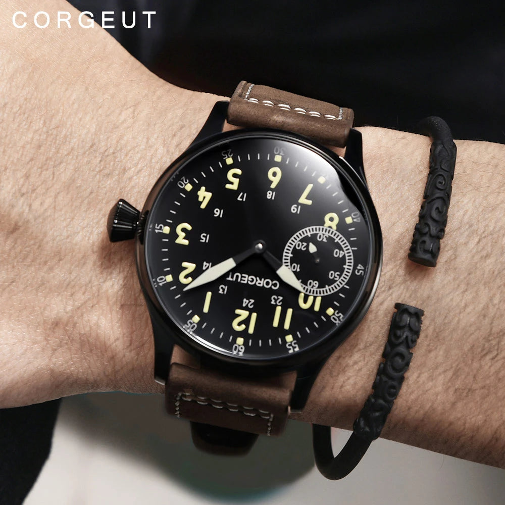 Corgeut 44mm Men's Retro Hand Mechanical Watch Silver
