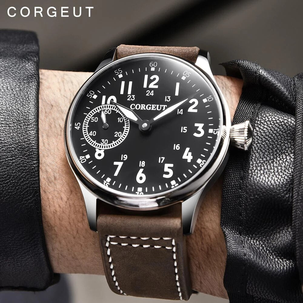 Corgeut 44mm Men's Retro Hand Mechanical Watch Silver Bezel and Yellow Dials